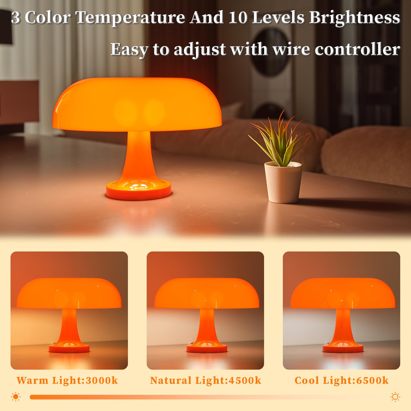 LSTVZSNRX mushroom cap lamp with push-button dimming for adjustable brightness.