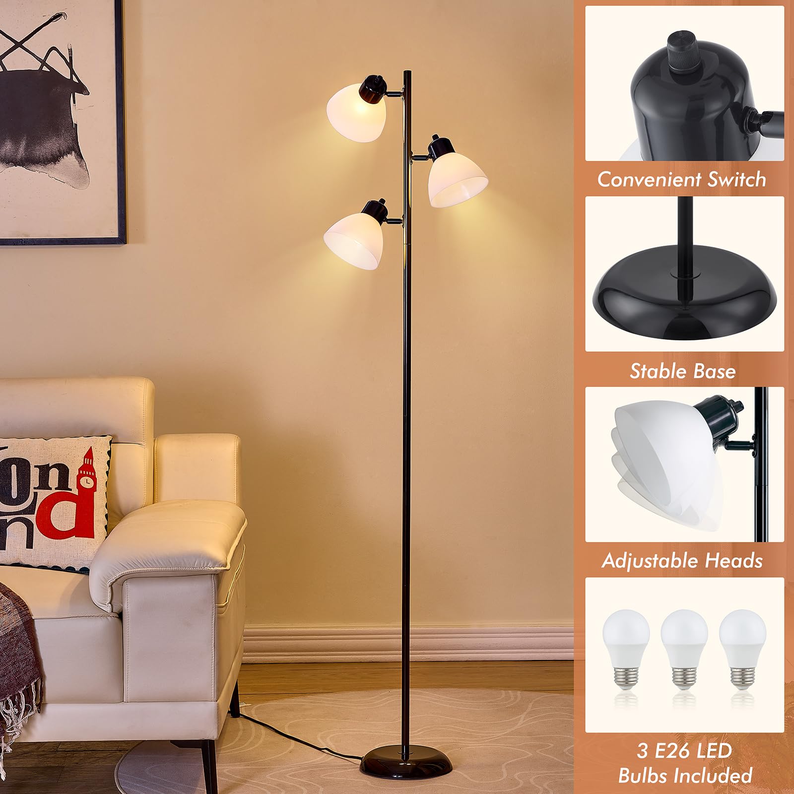 LTGSRC Floor lamp includes three warm LED bulbs for ready-to-use light.