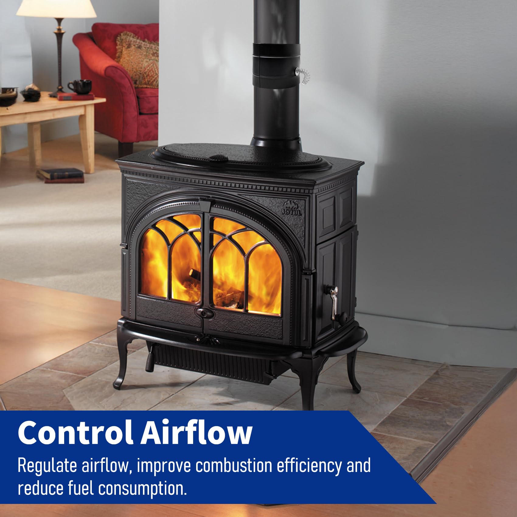 LTLUO damper active on stove pipe reduces smoke and improves airflow