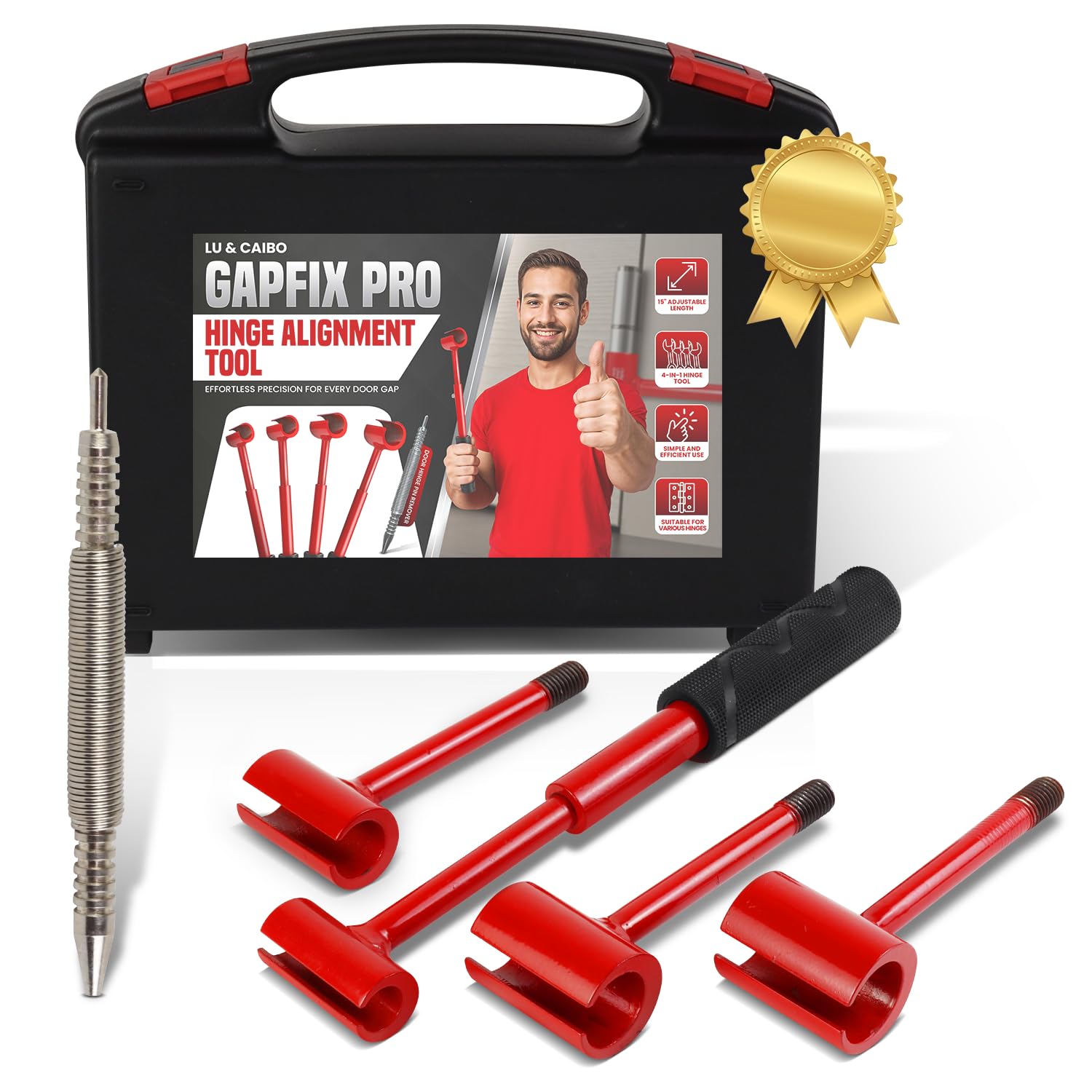LU-CAIBO 4-in-1 hinge tool kit in packaging, ready for on-site use