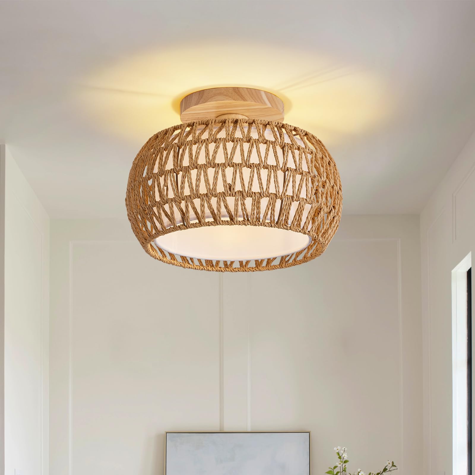 Luafac rattan ceiling light style A, warm bedroom ambiance.