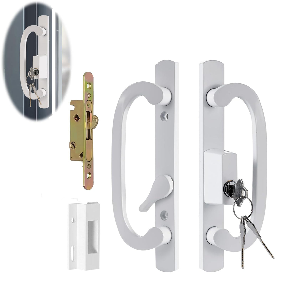 Lubentol keyed offset center sliding door handle in white finish for secure patio access.
