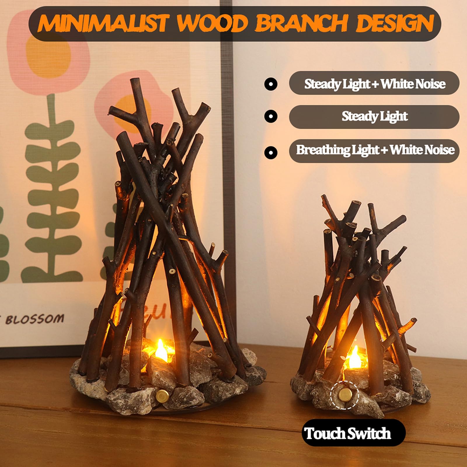 Lubocrat campfire lamp flame effect creates warm ambiance for relaxing evenings.