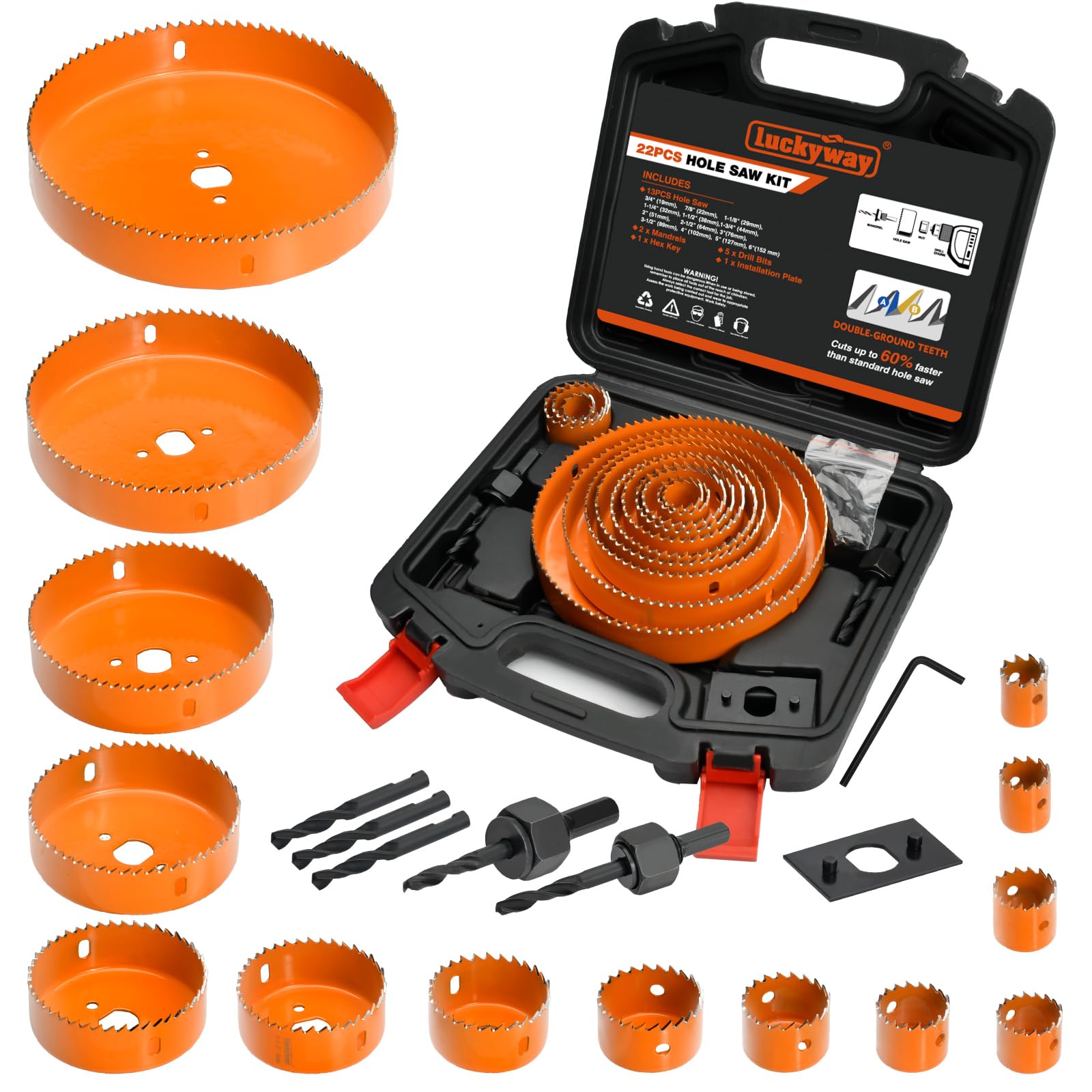 Luckyway Hole Saw Kit Pro with 14 saws and mandrels for clean, precise cuts