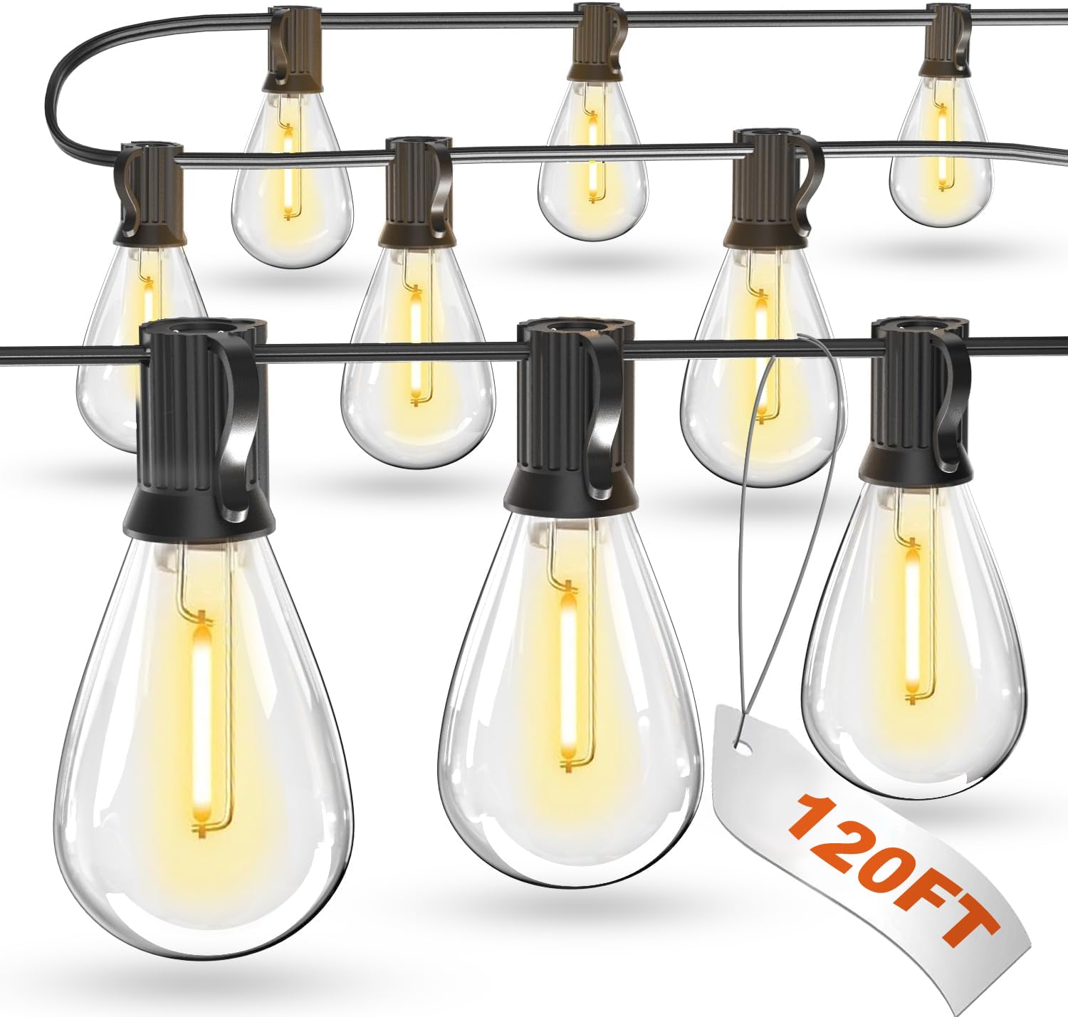 Luckystyle 120ft LED outdoor string lights over a patio for warm, inviting evenings outdoors.