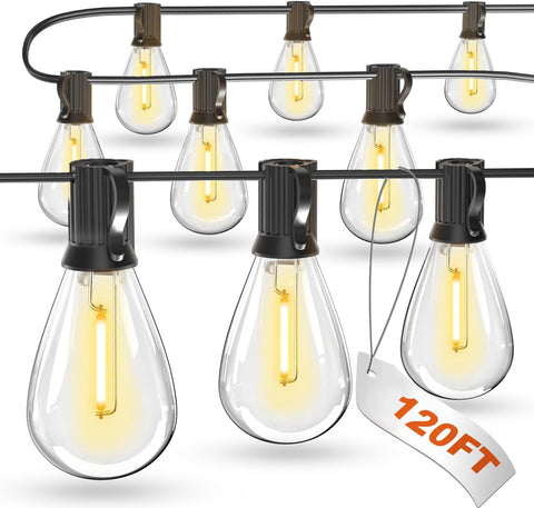 Luckystyle 120ft LED outdoor string lights over a patio for warm, inviting evenings outdoors.