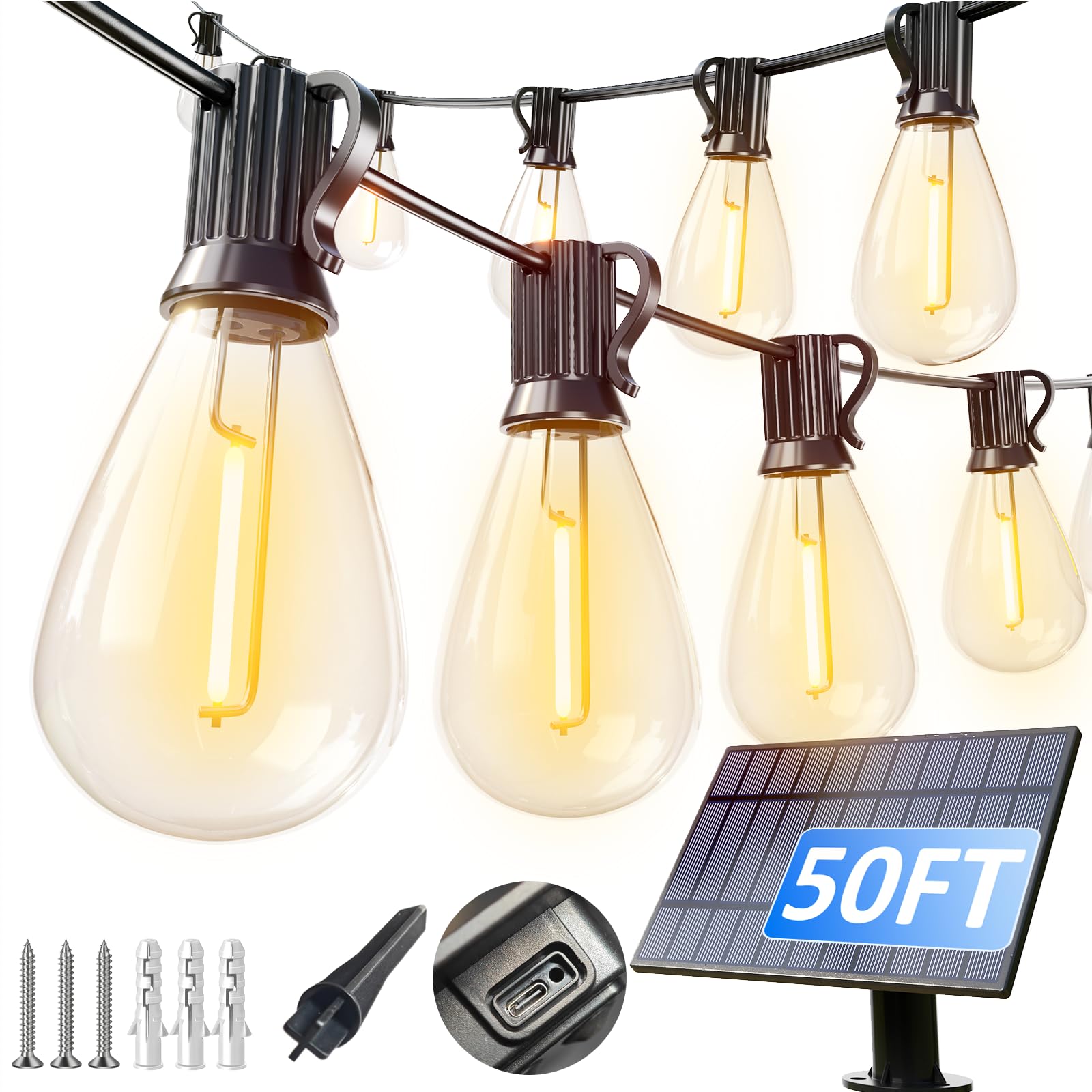 Luckystyle 50ft solar string lights with 18 LED bulbs for bright outdoor ambiance.