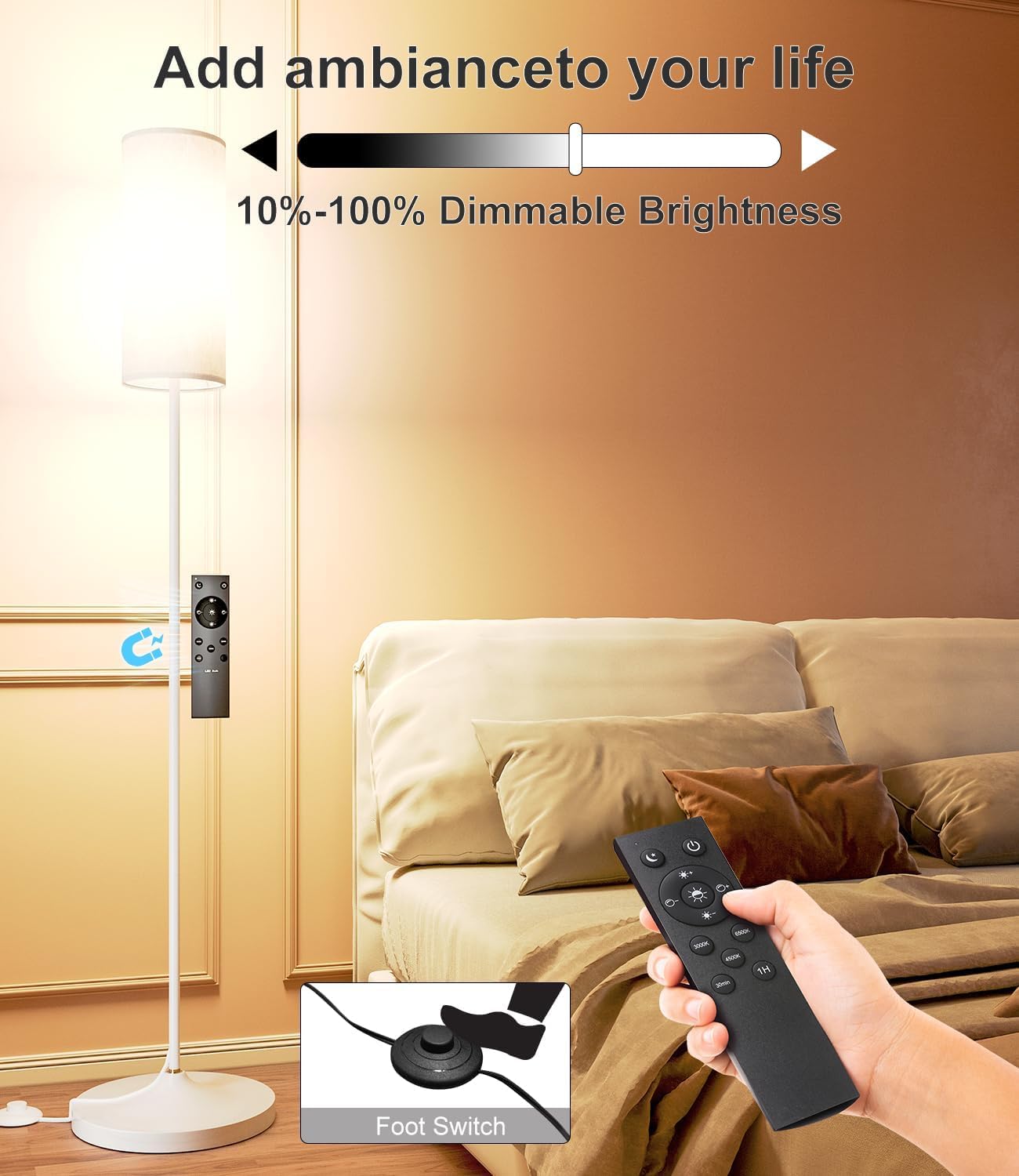 Luckystyle LED floor lamp shows a linen shade for soft, comfortable illumination.