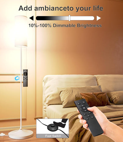 Luckystyle LED floor lamp shows a linen shade for soft, comfortable illumination.