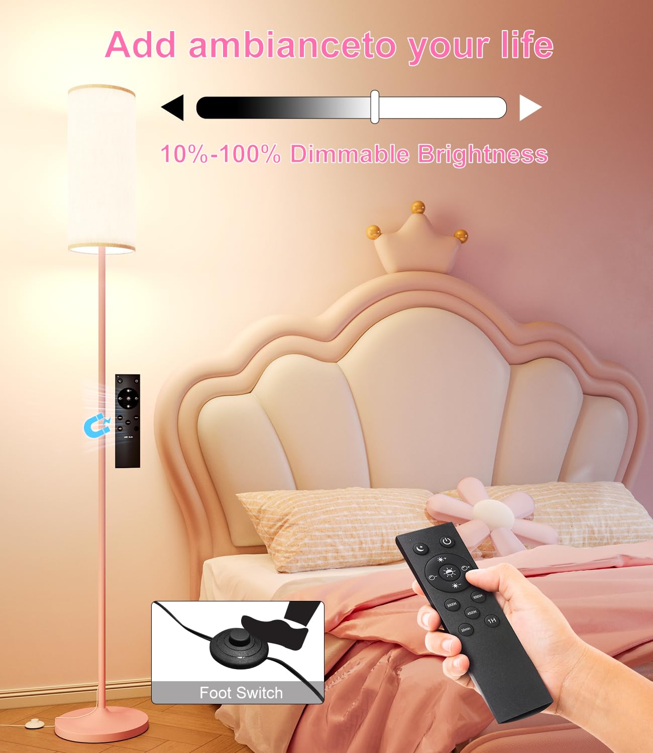 Luckystyle LED floor lamp remote control enables easy brightness and color temperature changes.