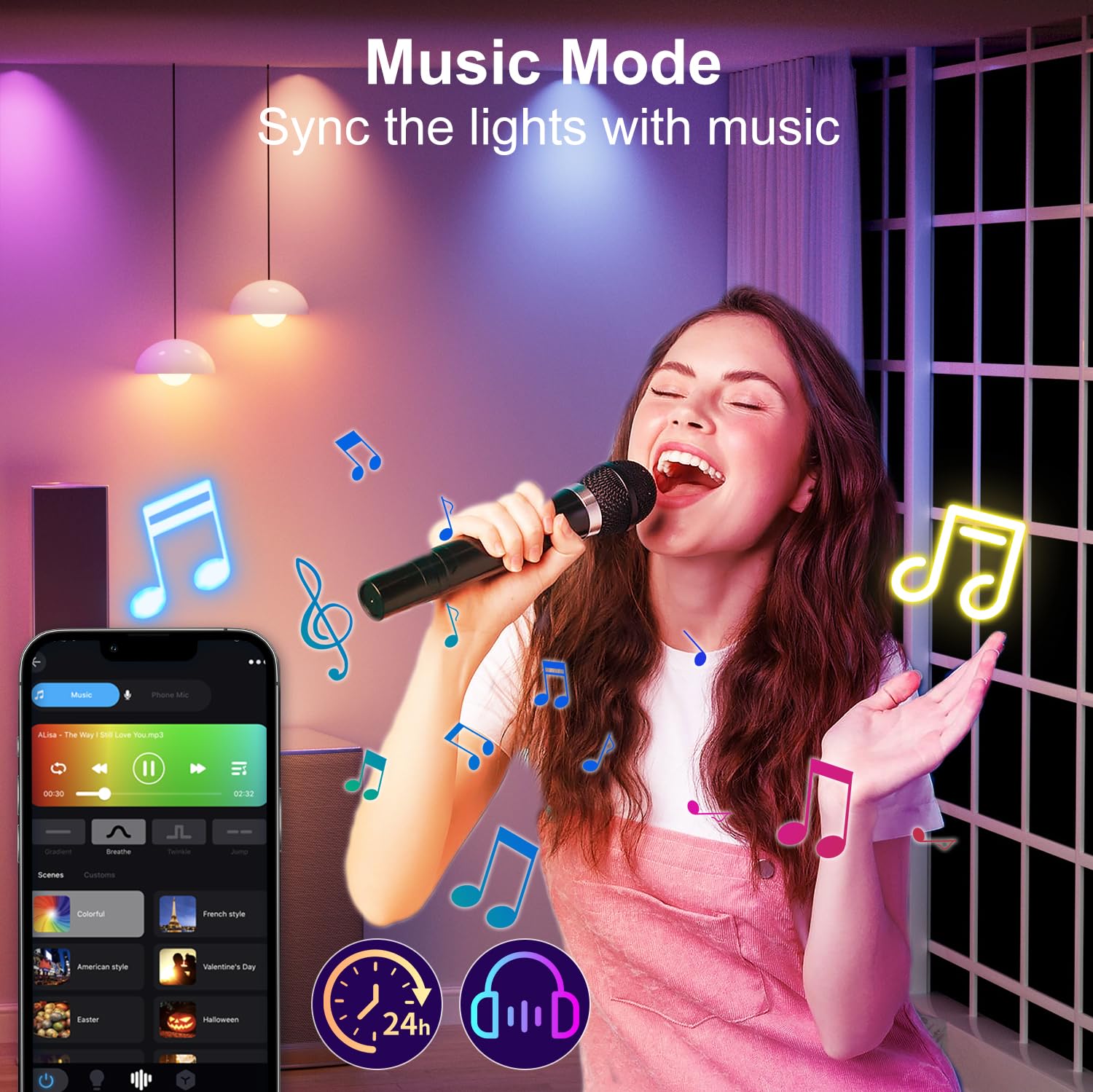 Luckystyle music-sync feature changes colors with ambient sound.