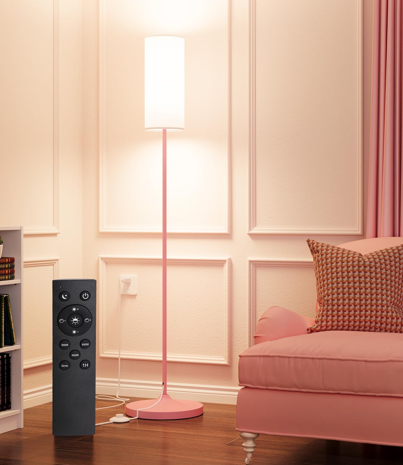 Luckystyle pink pole lamp with dimmable LED for cozy living room ambiance.