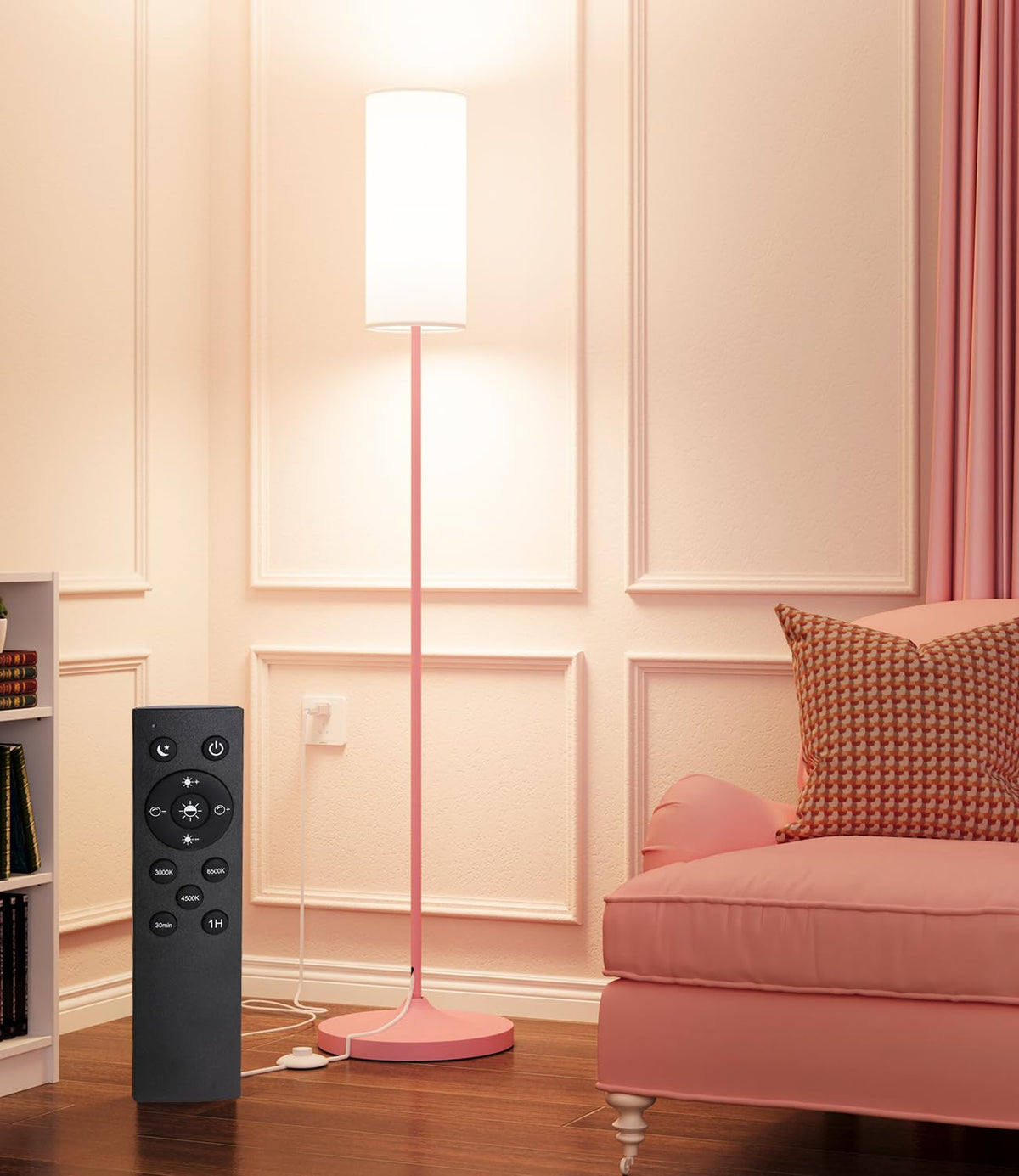 Luckystyle pink pole lamp with dimmable LED for cozy living room ambiance.
