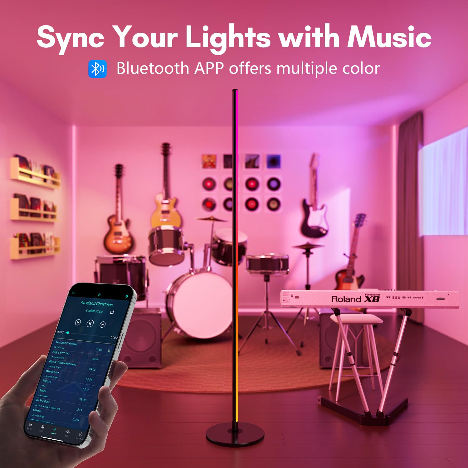 Luckystyle Smart RGB+IC corner lamp pole showcases vibrant color options for mood setting.