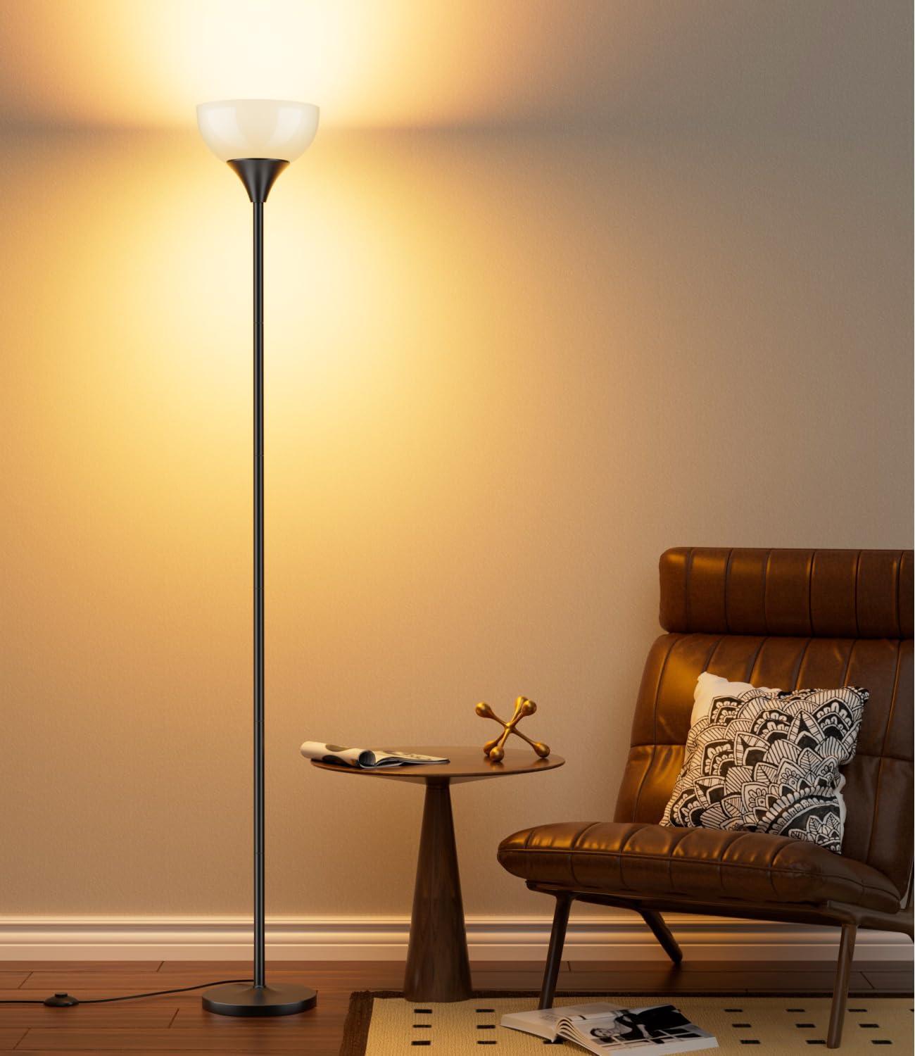 Luckystyle torchiere floor lamp in living room setup lighting up a corner gracefully.