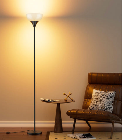 Luckystyle torchiere floor lamp in living room setup lighting up a corner gracefully.