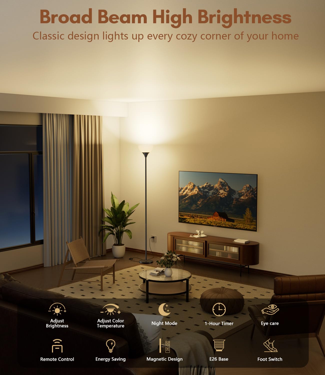 Luckystyle torchiere floor lamp with remote control enables easy light adjustment from seating area.