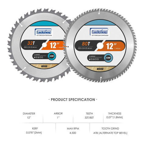 Luckyway 12-inch 80T fine finish blade side view delivering smooth crosscuts
