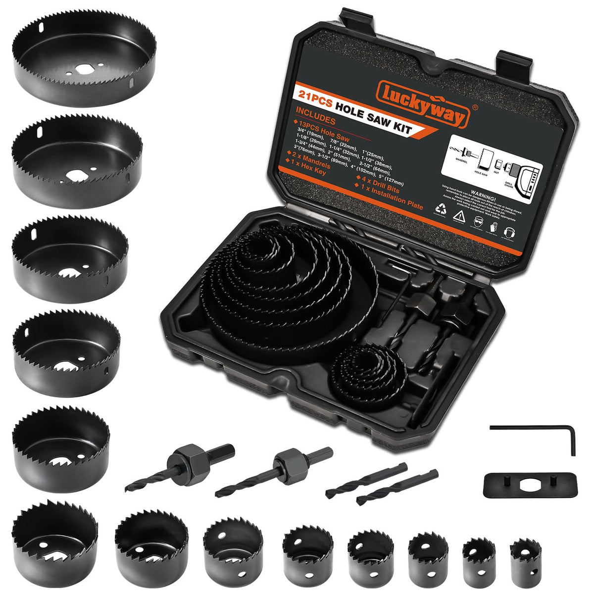 Luckyway Hole Saw Kit case open showing organized tools for quick setup