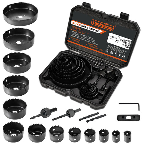 Luckyway Hole Saw Kit case open showing organized tools for quick setup