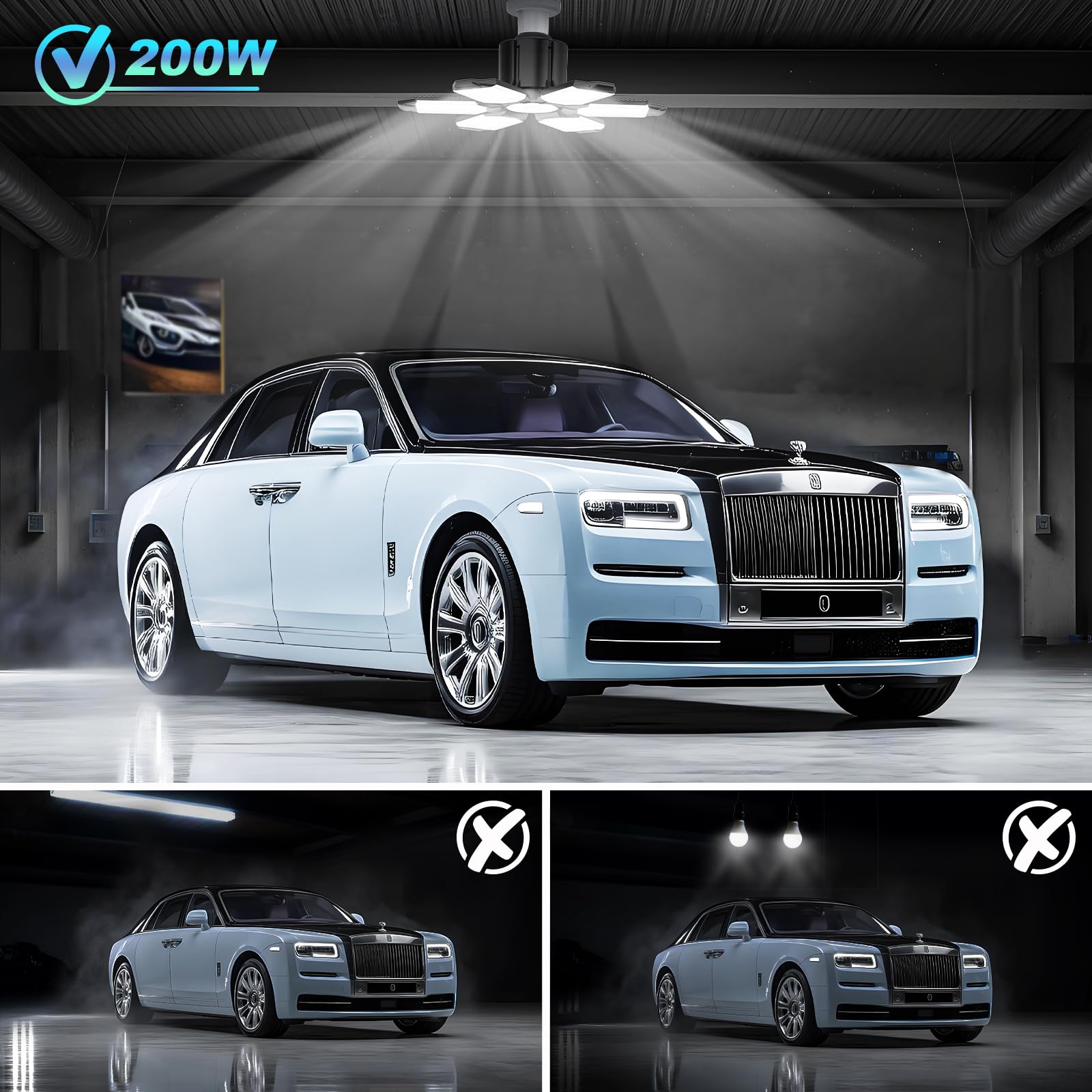 LUCORUSC 200W output delivers bright coverage for garages.