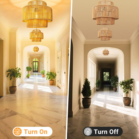 LUCORUSC boho pendant in living room highlights 360-degree light diffusion.
