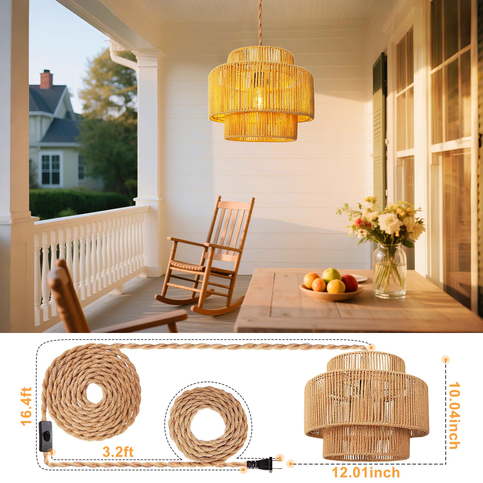 LUCORUSC dining area with rattan shade creates inviting ambience.