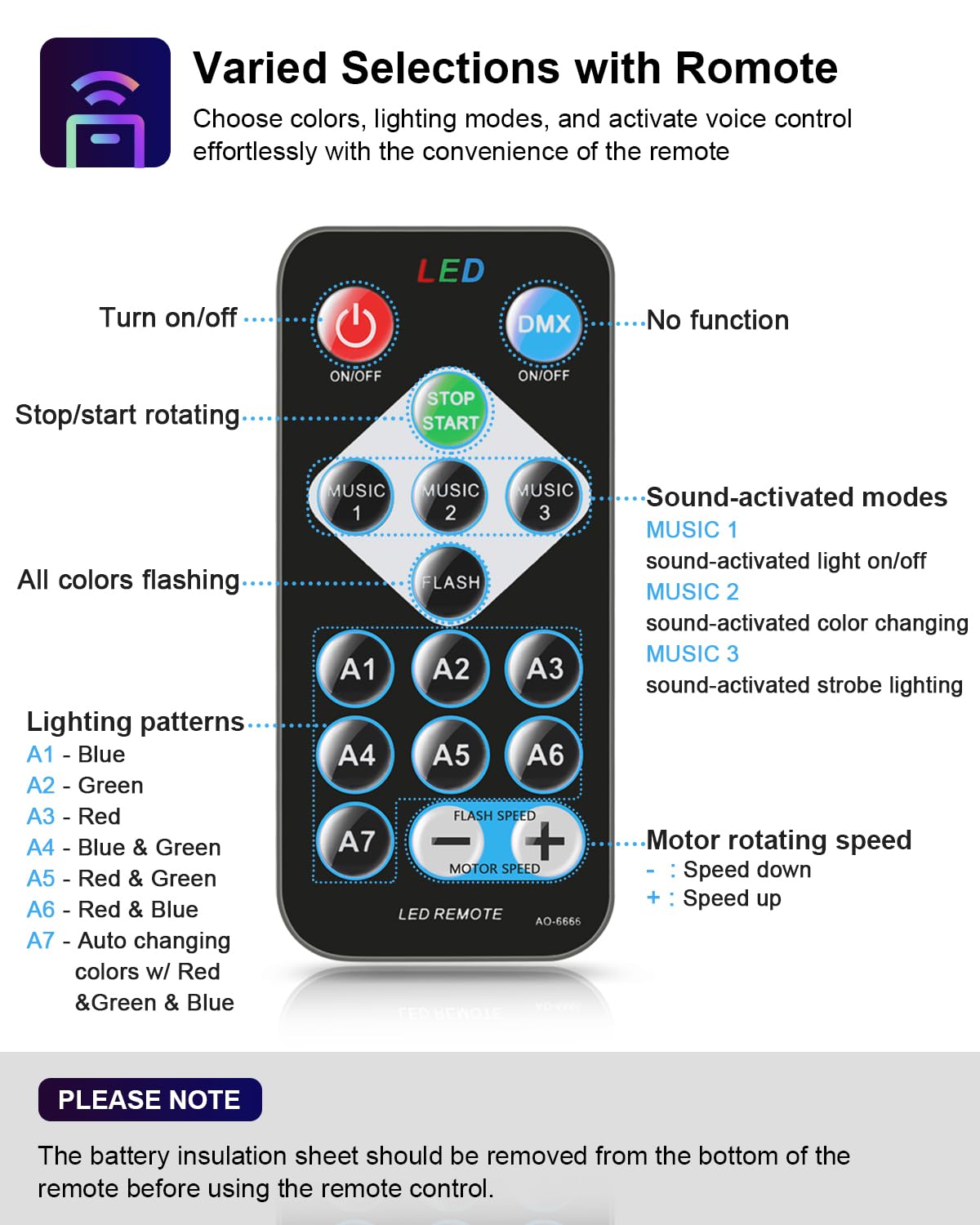 Luditek remote control for party lights enables quick mode changes and timing.