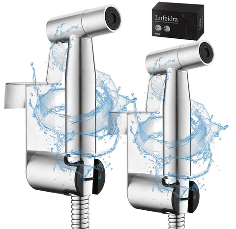 LUFEIDRA handheld bidet sprayer in brushed nickel with wall-mount for easy bathroom hygiene