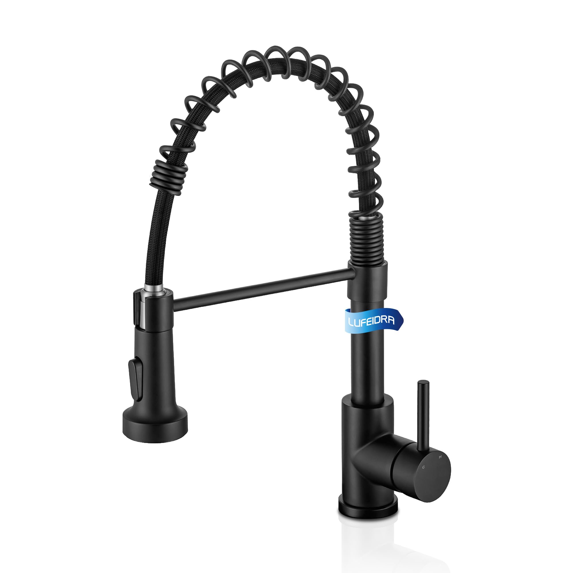 LUFEIDRA black faucet with pull-down sprayer for precise control in a busy kitchen
