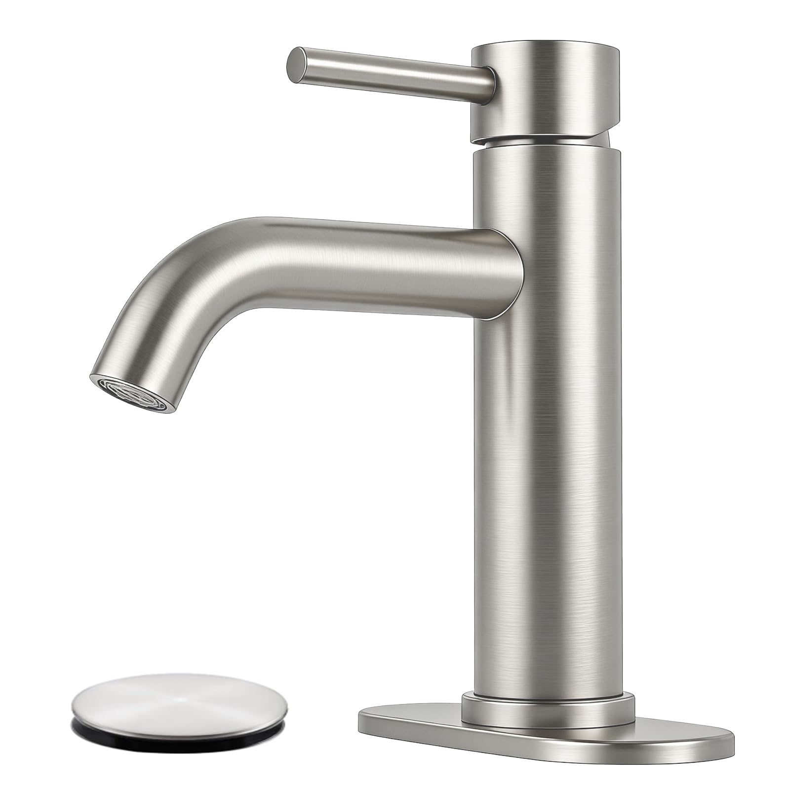 LUFG brushed-nickel bathroom faucet front view highlights sleek design and durable finish.