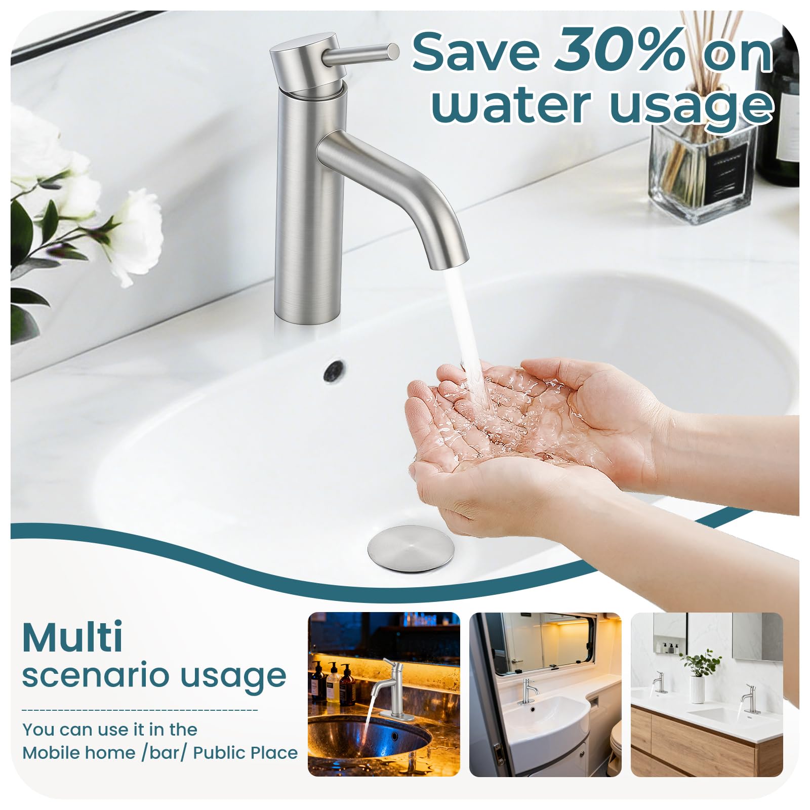 LUFG brushed-nickel pop-up drain demonstrates quick, clean drainage.