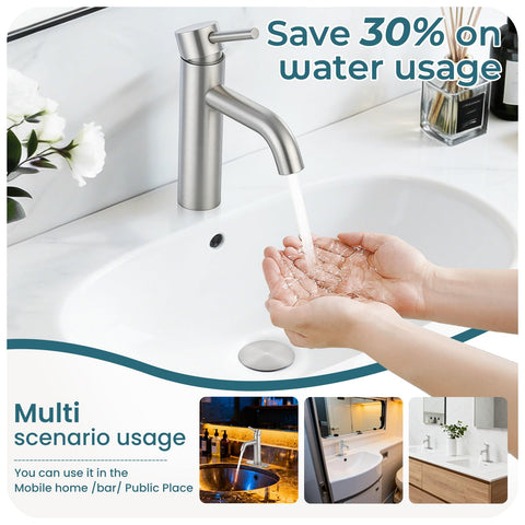 LUFG brushed-nickel pop-up drain demonstrates quick, clean drainage.