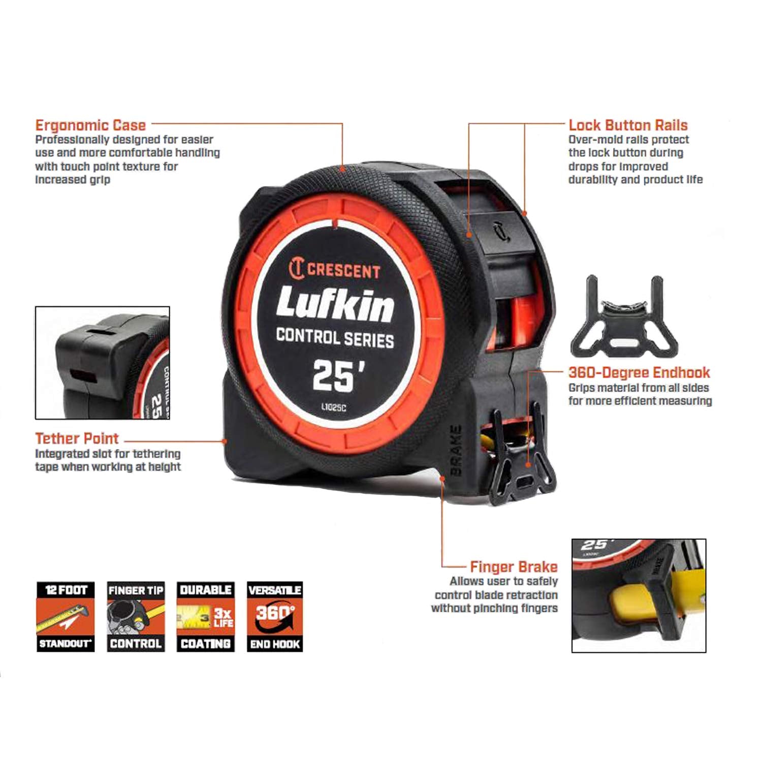 Lufkin Crescent L1025CD stand-out 12ft end allows one-person measurements on tall projects.