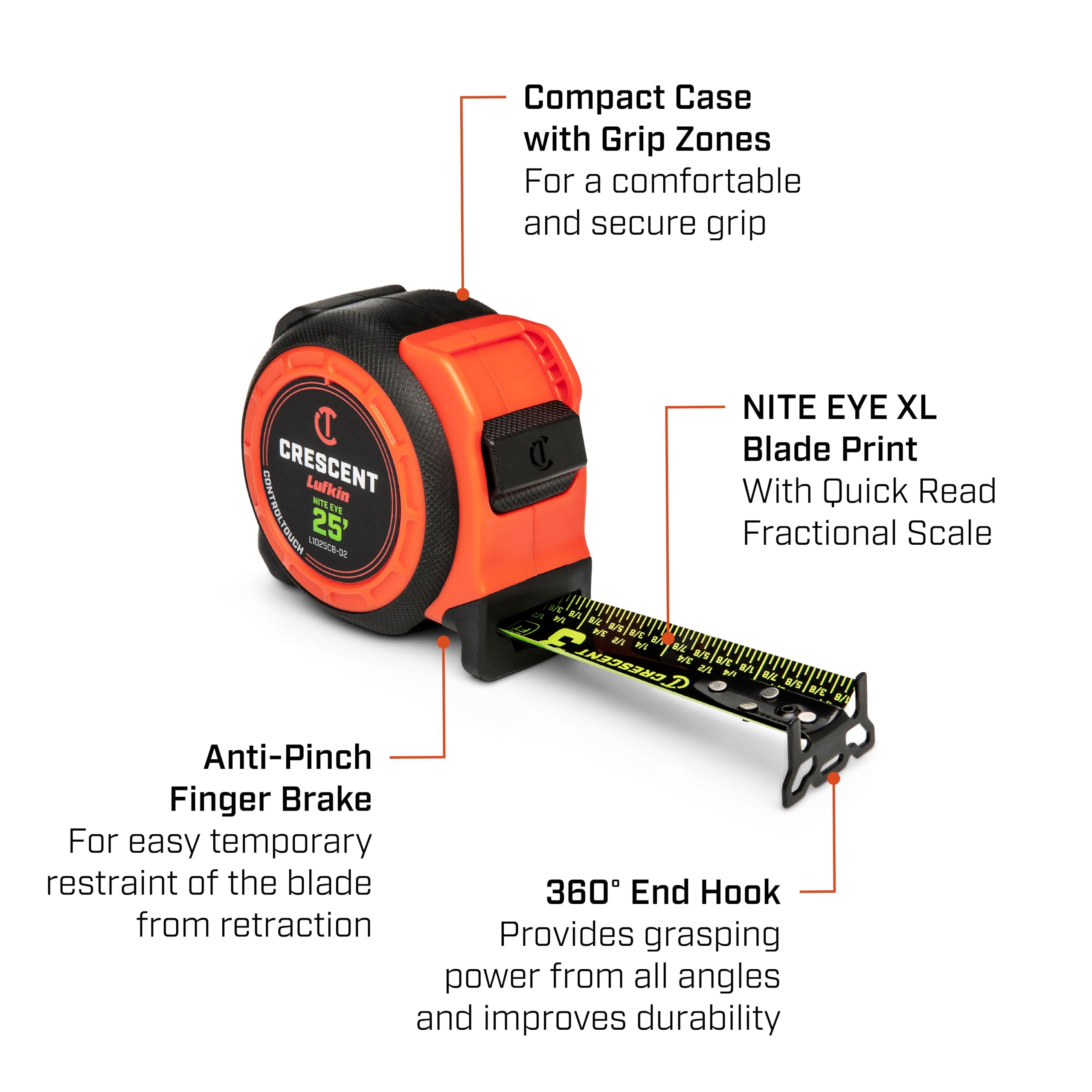 Lufkin Crescent quick-read fractional markings speed measurements.