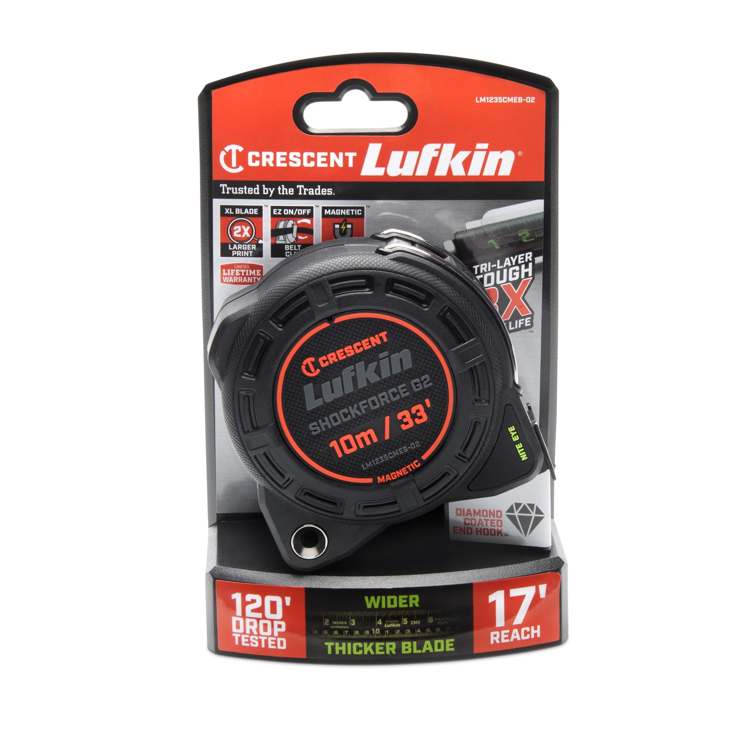 Lufkin Shockforce G2 33ft tape measure matte black finish with green markings for visibility