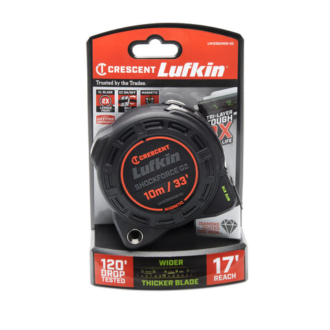 Lufkin Shockforce G2 33ft tape measure matte black finish with green markings for visibility