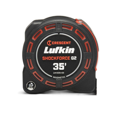 Lufkin Shockforce G2 35-ft tape measure with magnetic end hook in action.