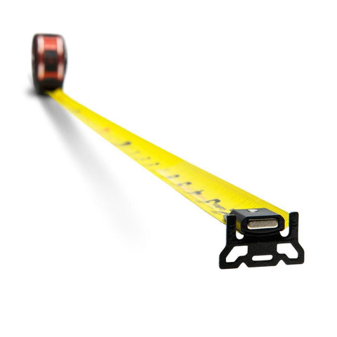 Magnetic end hook helps secure the tape to metal studs.