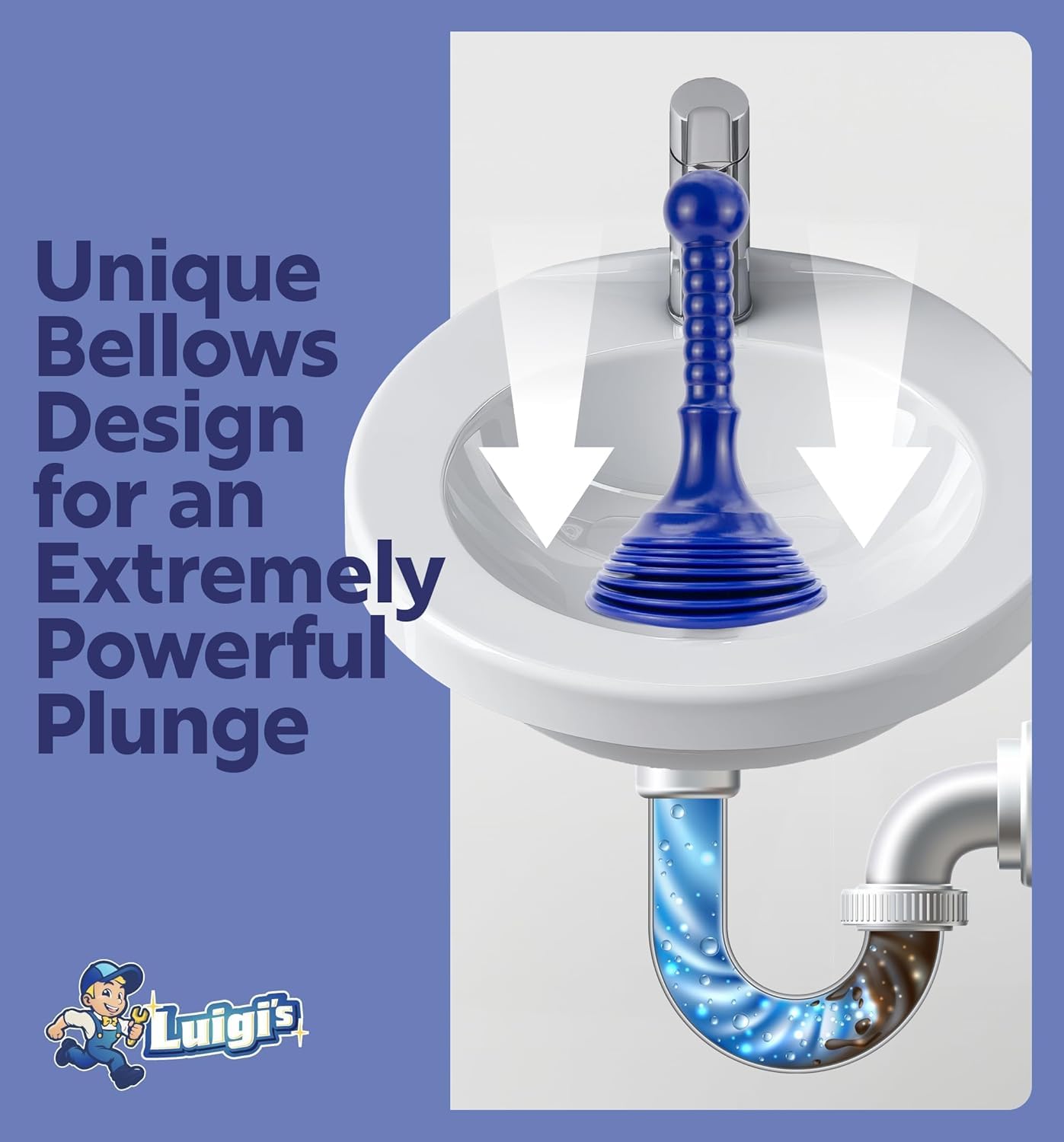 Luigi's Sink Plunger bathroom blue drain use demonstrates fast relief