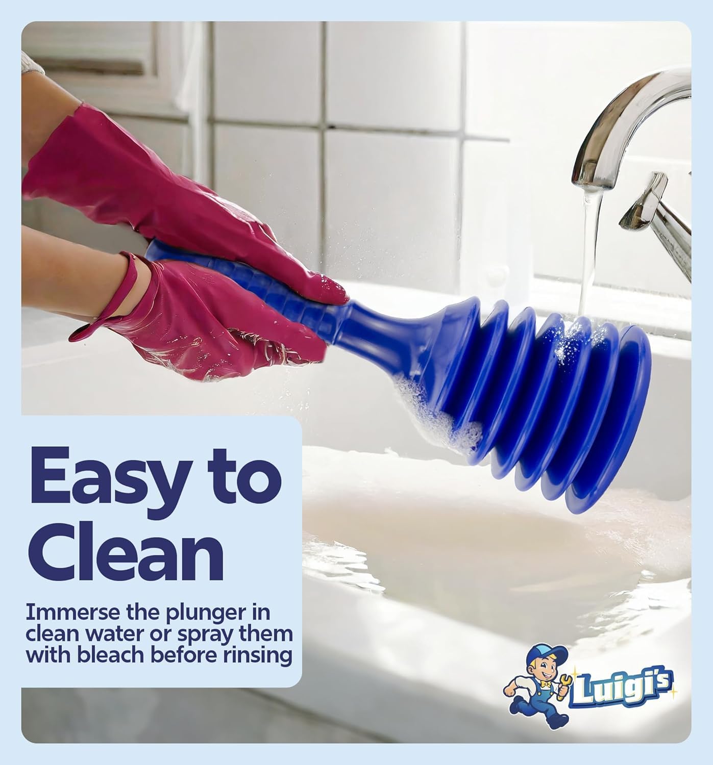 Luigi's Sink Plunger blue assembly and use shows easy setup