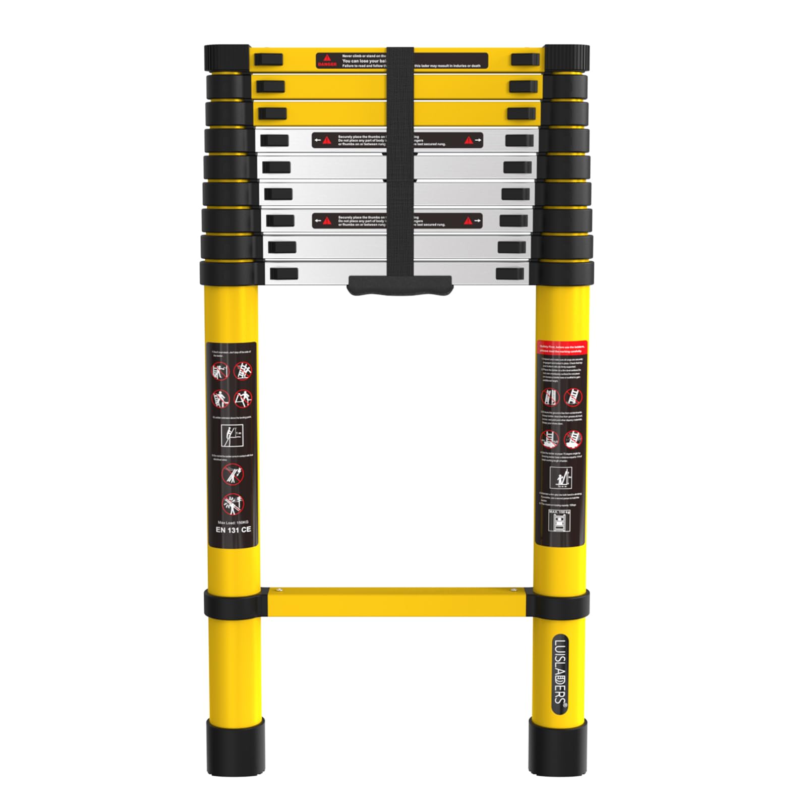 LUISLADDERS telescoping ladder extended for high reach and secure locking.