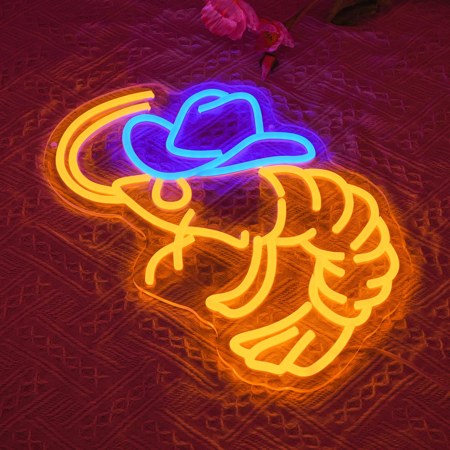 LULANMP Shrimp Neon Sign with cowboy hat accents creates a unique restaurant mood.