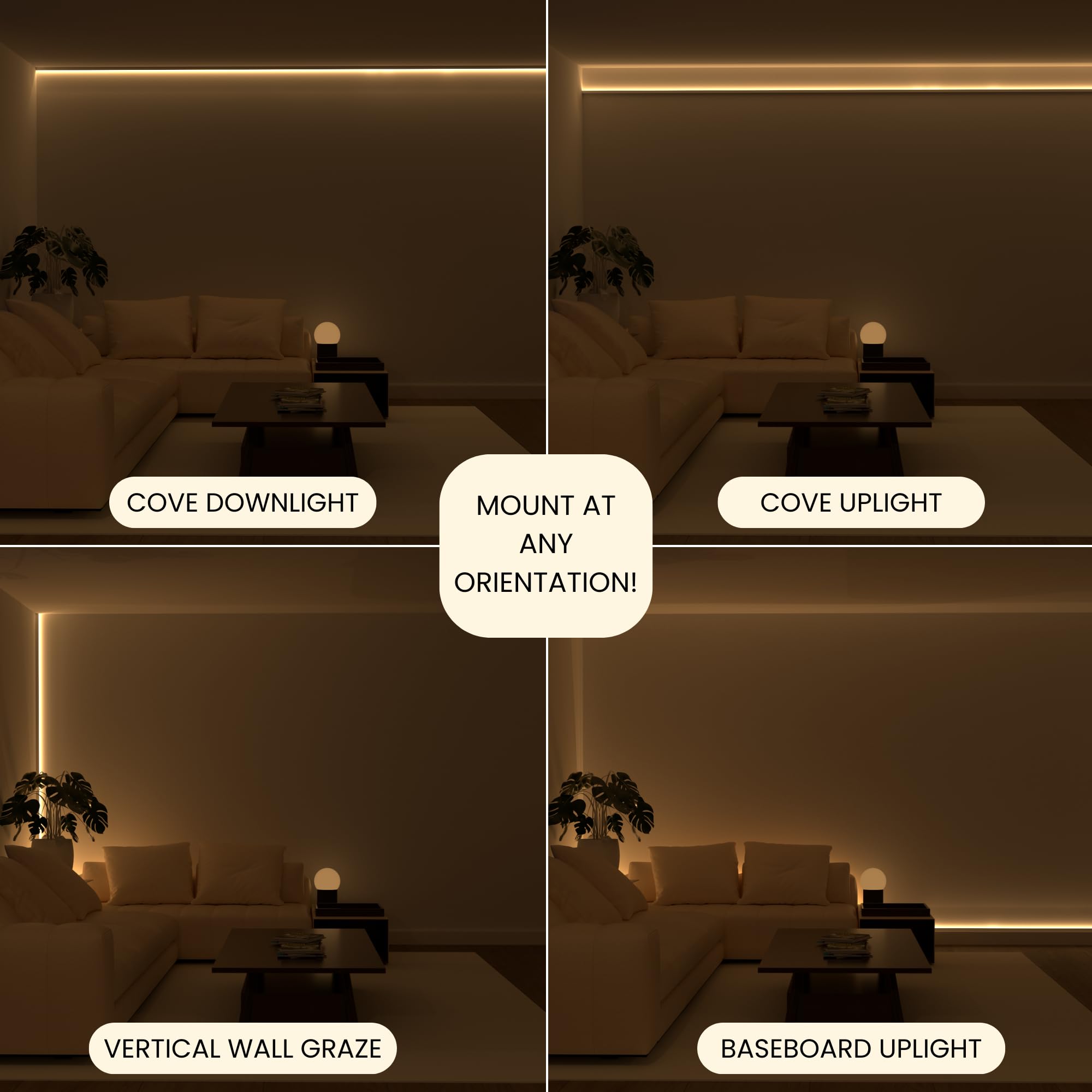Luma Cove baseboard-uplighting delivers subtle edge glow along baseboard lines.