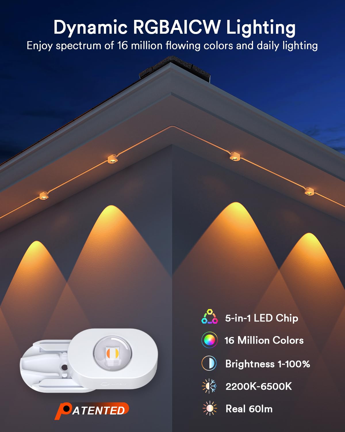 Lumary 150ft RGBAICW LEDs deliver vibrant colors and white light.