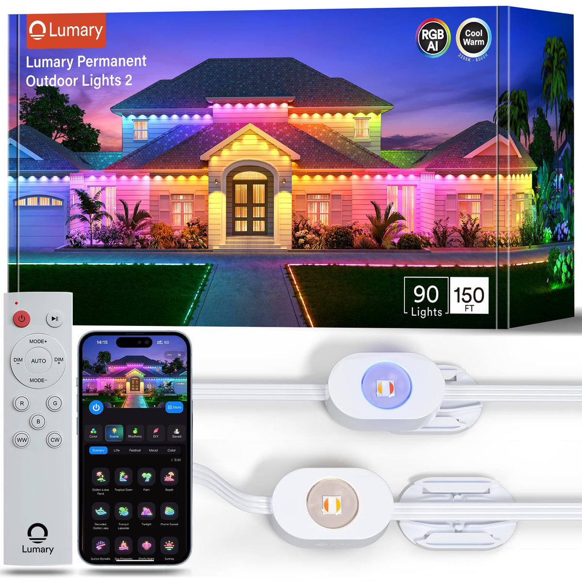 Lumary permanent outdoor lights 2 with remote for easy patio ambiance control.