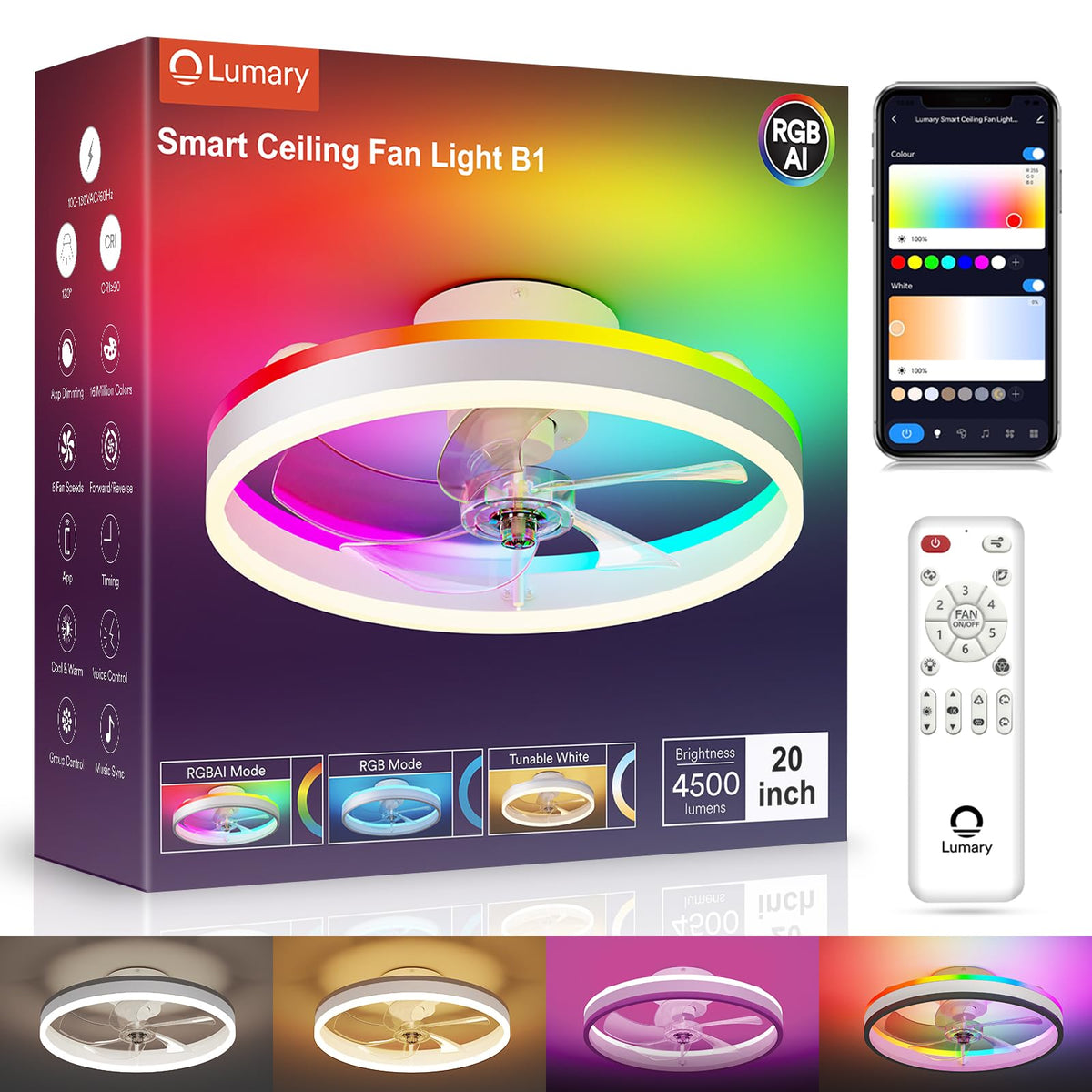 Lumary smart wifi ceiling fan light assembly in white finish for ambient lighting