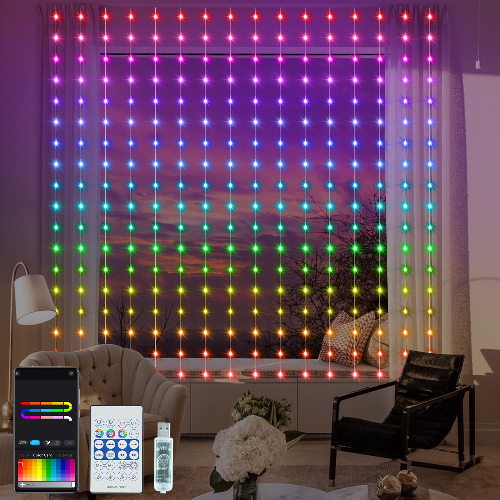 LumBelle Smart Curtain Lights RGB-5050 beads brighten any room with vibrant color options.