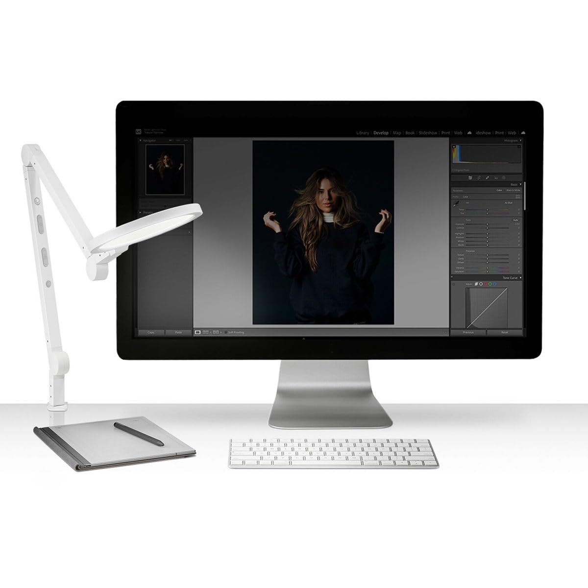 LUME CUBE Edge 2.0 swing arm shows flexible adjustment for any desk layout