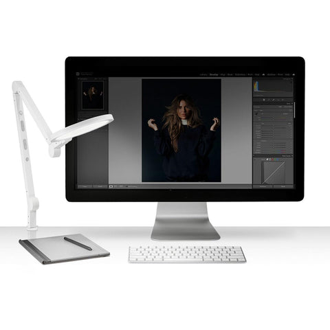 LUME CUBE Edge 2.0 swing arm shows flexible adjustment for any desk layout